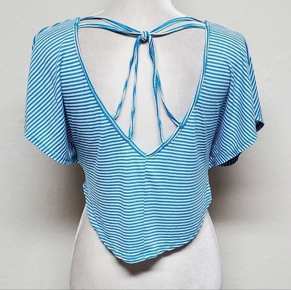 VINTAGE Retro Y2K Self Esteem Love Rules Blue Striped Strappy Back Cropped Tee - Picture 8 of 11